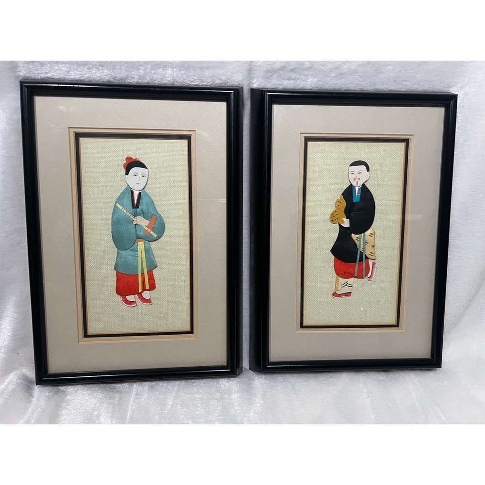 Set 2 Framed Vintage Art‎ Chinese Silk Fabric 13x9.5" Black Chinoiserie Decor